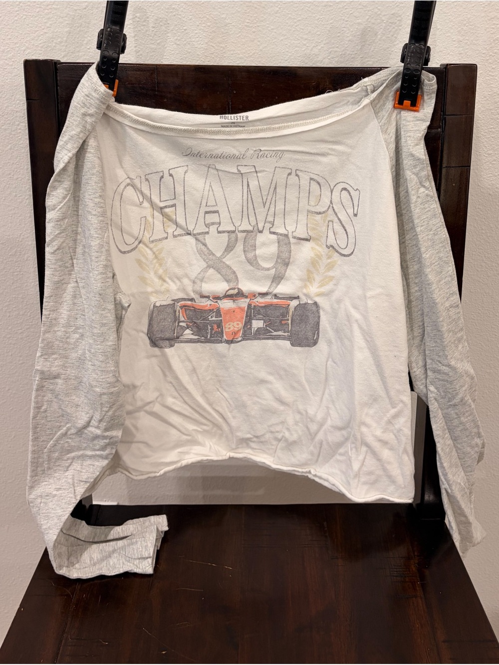 Hollister women’s ' White & Light Gray 'Champs 89' Graphic Long Sleeve Tee